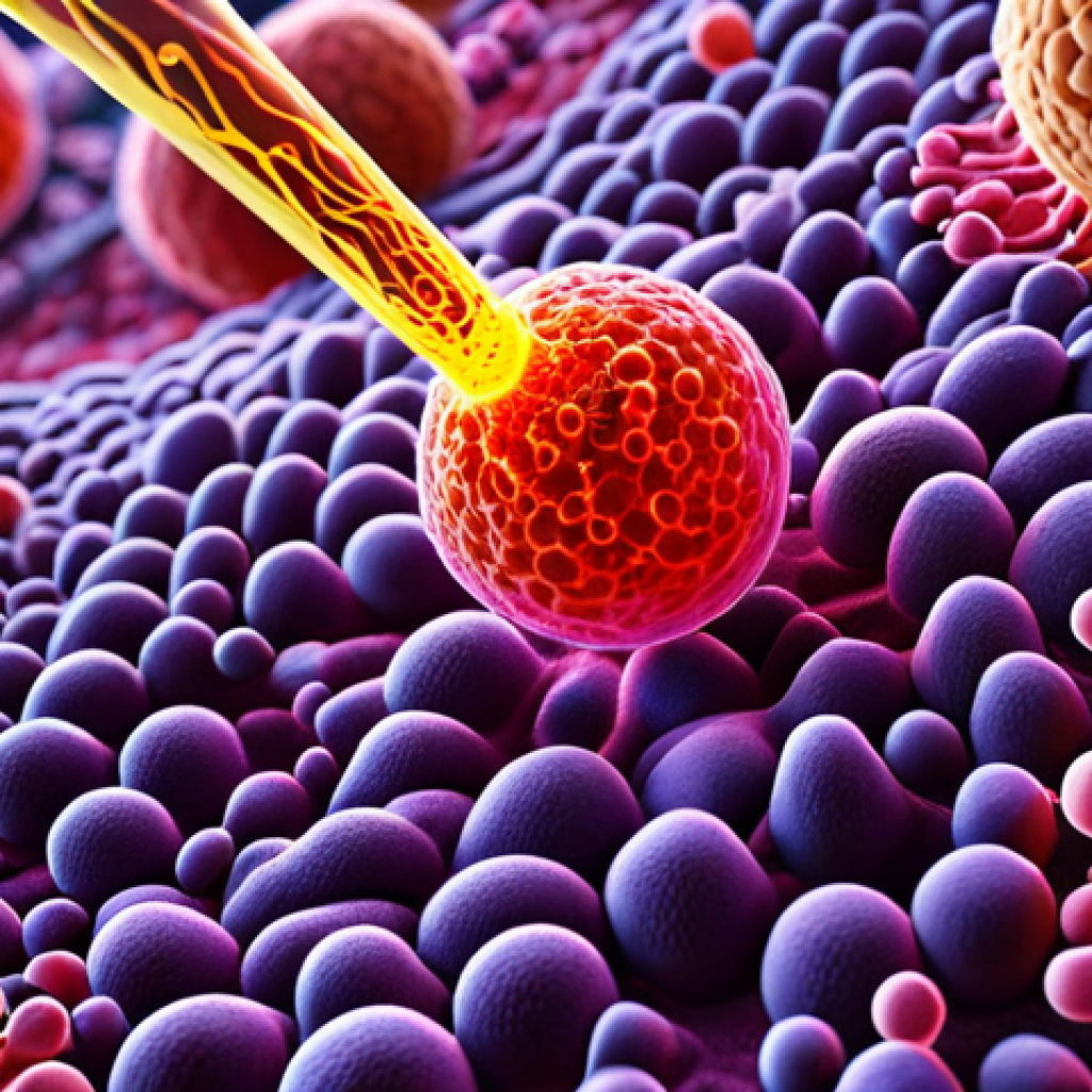 **A microscopic view of lipid nanoparticles delivering mRNA instructions into a cell, highlighting the targeted delivery system. Style:** Scientific illustration, detailed, with vibrant colors showcasing the contrast between the nanoparticle and the cellular environment.