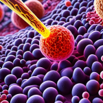 **A microscopic view of lipid nanoparticles delivering mRNA instructions into a cell, highlighting the targeted delivery system. Style:** Scientific illustration, detailed, with vibrant colors showcasing the contrast between the nanoparticle and the cellular environment.