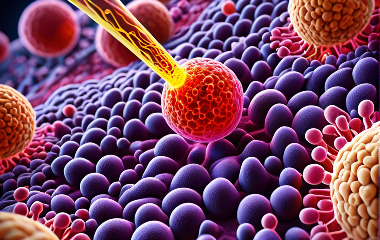 **A microscopic view of lipid nanoparticles delivering mRNA instructions into a cell, highlighting the targeted delivery system. Style:** Scientific illustration, detailed, with vibrant colors showcasing the contrast between the nanoparticle and the cellular environment.