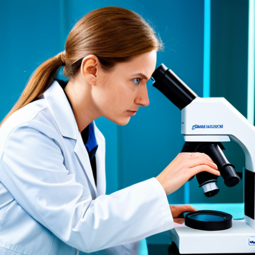 A focused adult female scientist in a clean, white lab coat over professional business attire, carefully examining a sample under a high-tech microscope in a pristine, modern biotechnology laboratory. The lab is brightly lit, with various scientific instruments, glowing screens displaying molecular structures, and sterile glassware. The scientist has a thoughtful, concentrated expression, her hands are well-formed with proper finger count, demonstrating precision. The scene emphasizes innovation, safety, and scientific research. The subject is fully clothed, appropriate attire, modest clothing, professional dress, safe for work, appropriate content, perfect anatomy, correct proportions, natural pose, natural body proportions, professional photography, high quality.