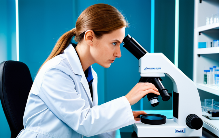 A focused adult female scientist in a clean, white lab coat over professional business attire, carefully examining a sample under a high-tech microscope in a pristine, modern biotechnology laboratory. The lab is brightly lit, with various scientific instruments, glowing screens displaying molecular structures, and sterile glassware. The scientist has a thoughtful, concentrated expression, her hands are well-formed with proper finger count, demonstrating precision. The scene emphasizes innovation, safety, and scientific research. The subject is fully clothed, appropriate attire, modest clothing, professional dress, safe for work, appropriate content, perfect anatomy, correct proportions, natural pose, natural body proportions, professional photography, high quality.