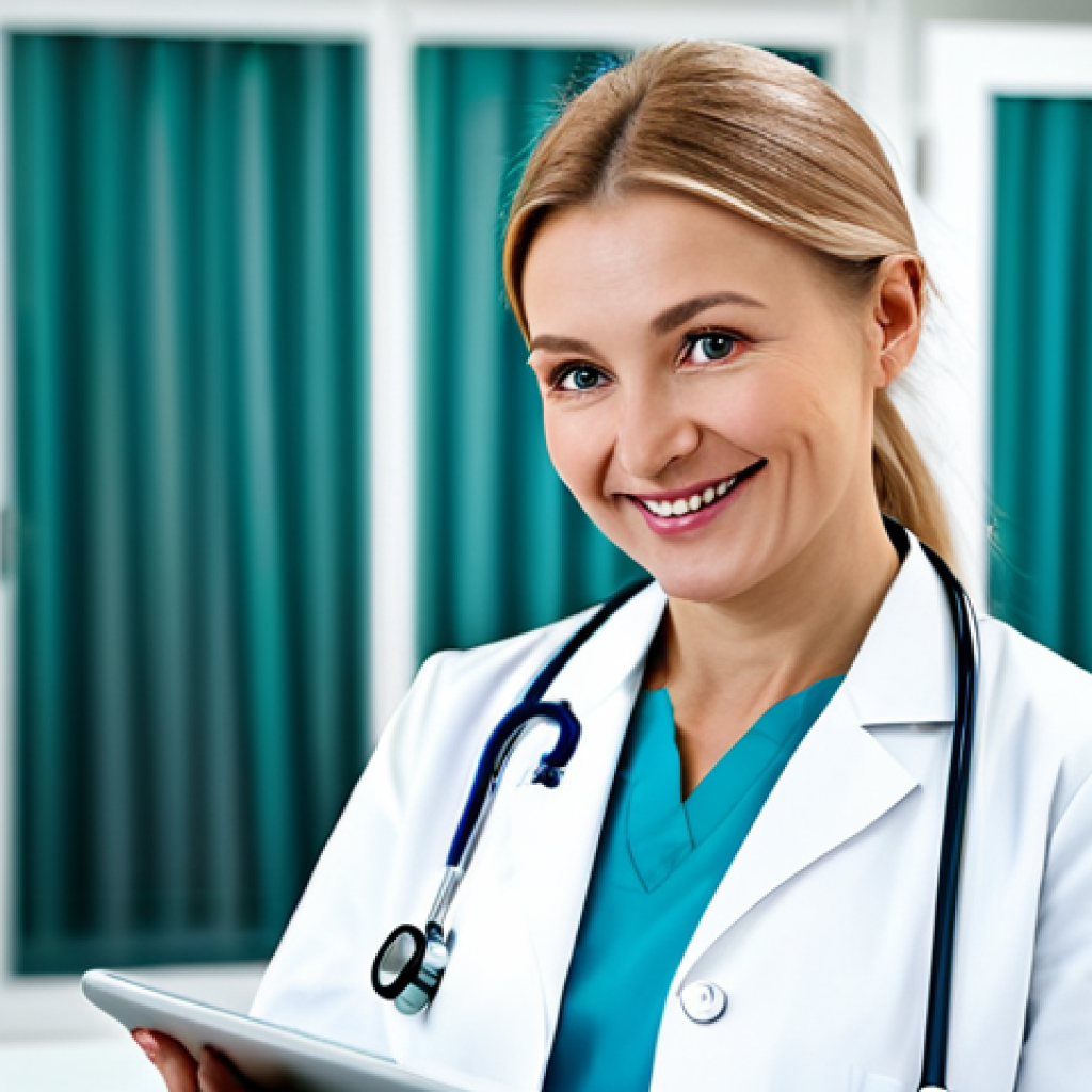 **
A professional female doctor in a modern, brightly lit clinic in Moscow, Russia. She is wearing a clean, white lab coat and a stethoscope. She is smiling reassuringly at the viewer while reviewing medical charts on a tablet. Background features advanced medical equipment, blurred slightly. Fully clothed, appropriate attire, safe for work, perfect anatomy, natural proportions, professional medical setting, high quality. Family-friendly.
**