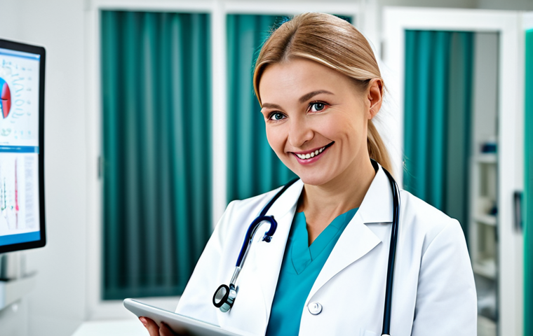 **
A professional female doctor in a modern, brightly lit clinic in Moscow, Russia. She is wearing a clean, white lab coat and a stethoscope. She is smiling reassuringly at the viewer while reviewing medical charts on a tablet. Background features advanced medical equipment, blurred slightly. Fully clothed, appropriate attire, safe for work, perfect anatomy, natural proportions, professional medical setting, high quality. Family-friendly.
**