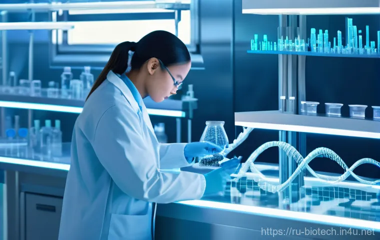 CRISPR 유전자 치료 - **Prompt:** A futuristic, sterile laboratory environment, bathed in soft, ethereal blue and white li...