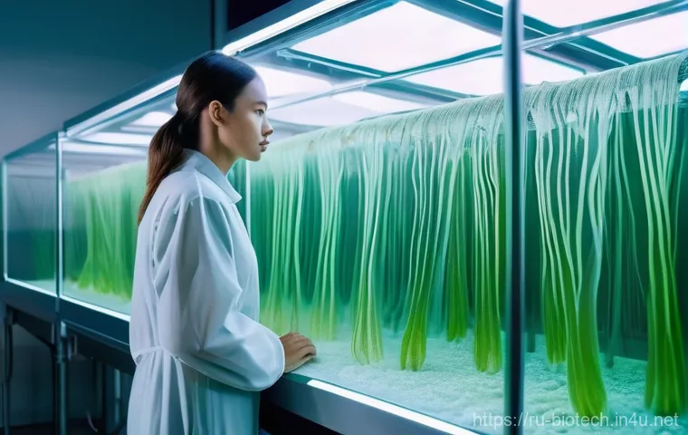 미생물 생산 공정 - **Prompt: Futuristic Microbial Fashion Production**
"A sleek, minimalist design lab bathed in so...