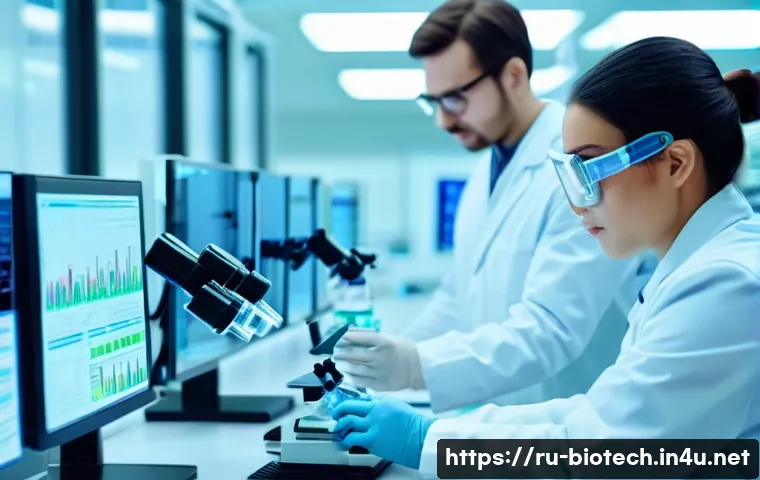 임상 시험 프로세스 - A modern pharmaceutical laboratory scene showing scientists in white lab coats and safety glasses co...