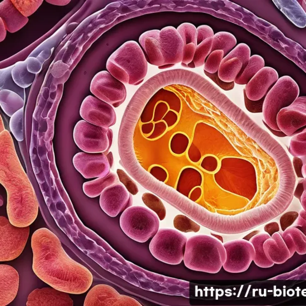 미생물 기반 치료 - A detailed scientific illustration of the human gut microbiota ecosystem inside the intestines, show...
