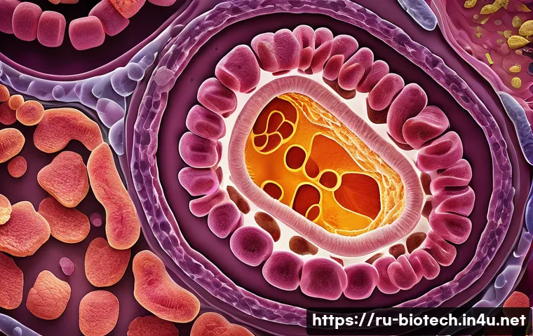 미생물 기반 치료 - A detailed scientific illustration of the human gut microbiota ecosystem inside the intestines, show...