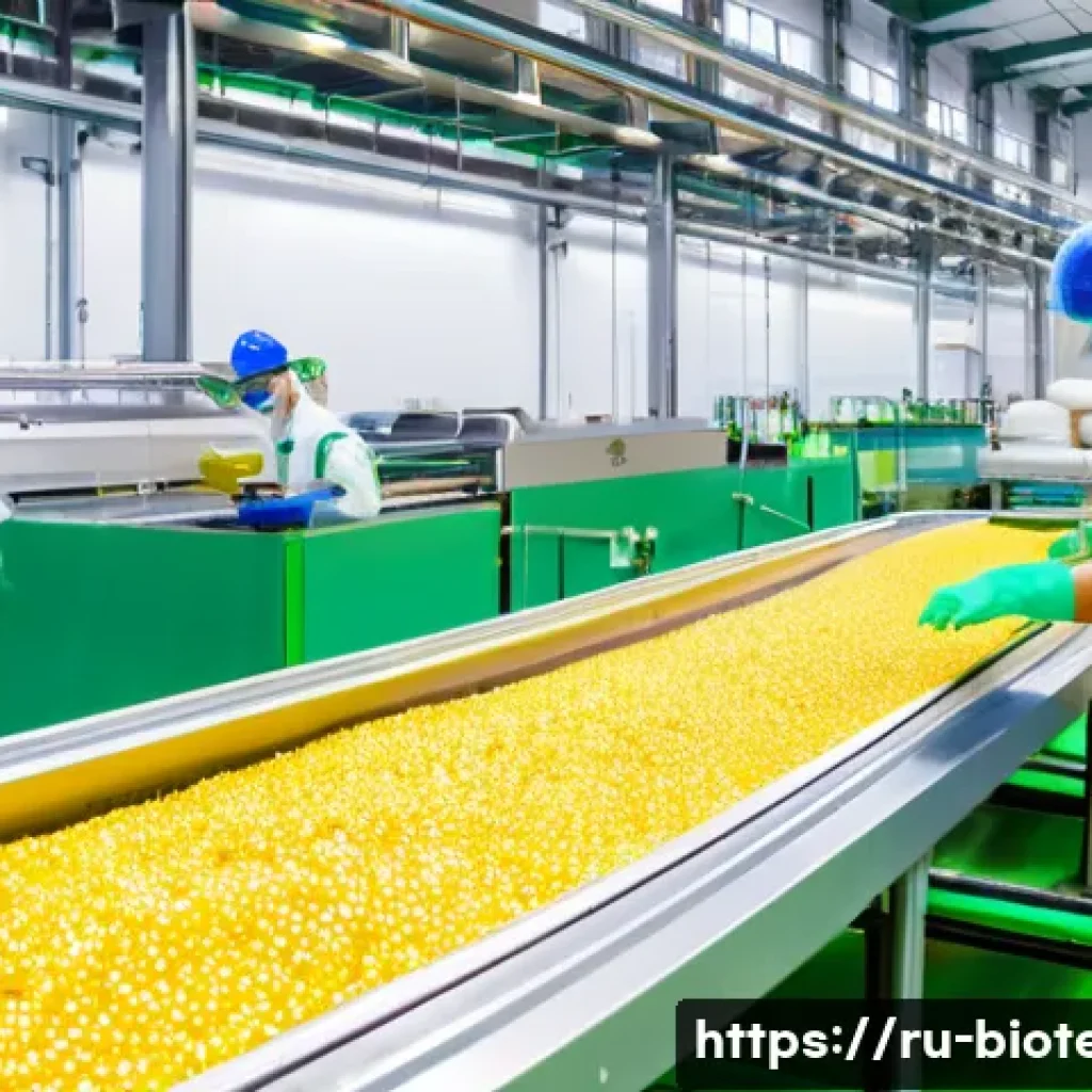 환경 친화적인 바이오테크 - A modern industrial facility producing biodegradable polymers from renewable plant sources like corn...