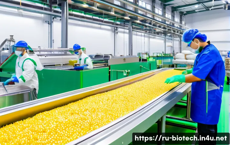 환경 친화적인 바이오테크 - A modern industrial facility producing biodegradable polymers from renewable plant sources like corn...