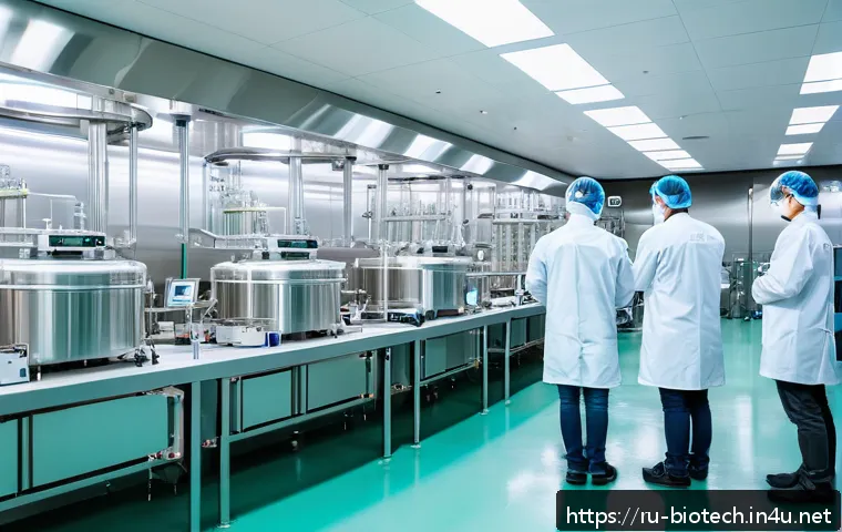 미생물 발효 기술 - A modern industrial fermentation facility in South Korea, showcasing large stainless steel bioreacto...