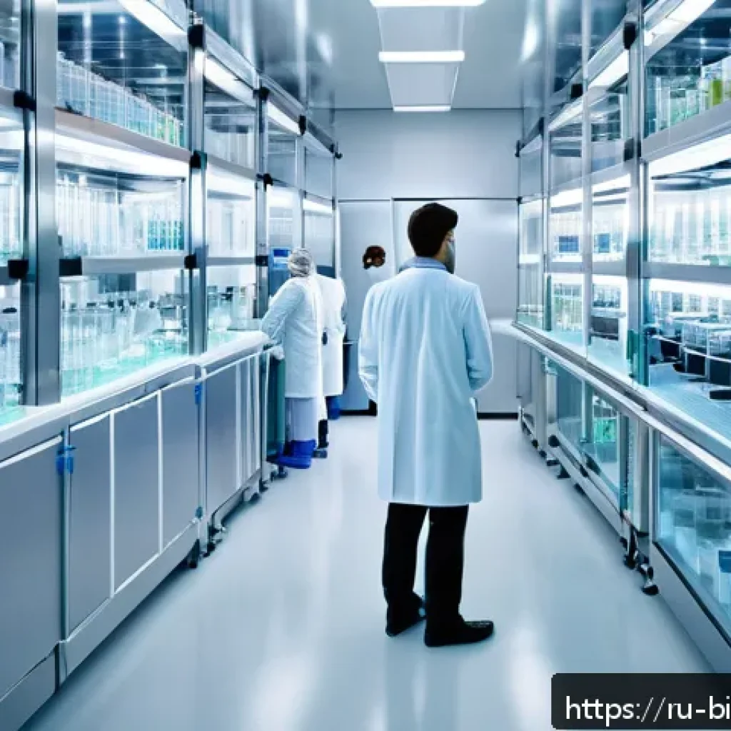 바이오의약품 생산 기술 - A highly detailed laboratory scene showcasing gene engineering technology in biopharmaceutical produ...
