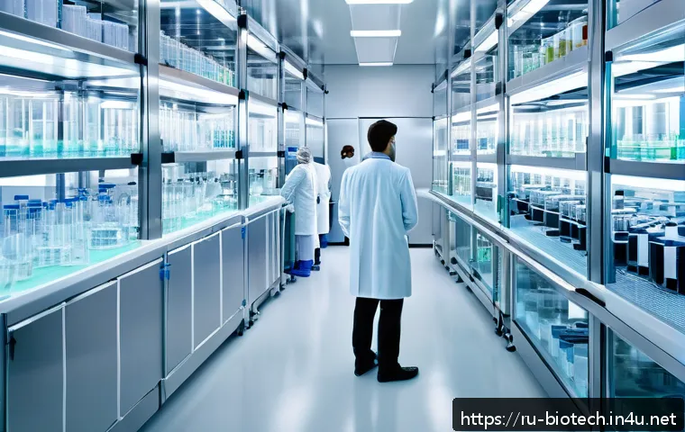 바이오의약품 생산 기술 - A highly detailed laboratory scene showcasing gene engineering technology in biopharmaceutical produ...