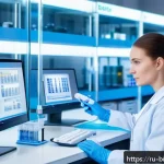 바이오마커 - A modern medical laboratory scene in Russia, featuring advanced molecular testing equipment analyzin...