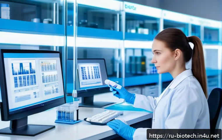 바이오마커 - A modern medical laboratory scene in Russia, featuring advanced molecular testing equipment analyzin...