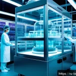 배양육 연구 개발 - A futuristic biotechnology laboratory scene showing a large transparent bioreactor vessel filled wit...