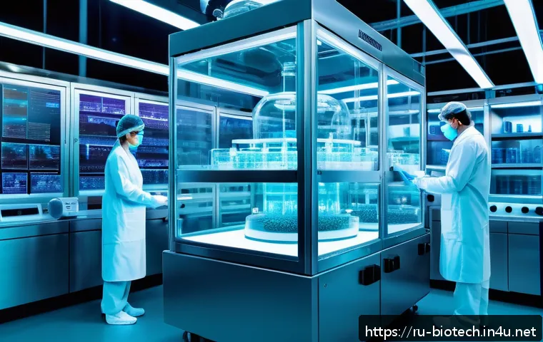 배양육 연구 개발 - A futuristic biotechnology laboratory scene showing a large transparent bioreactor vessel filled wit...