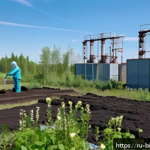 기후 변화와 바이오테크 - A detailed scene of an innovative Russian industrial site undergoing bioremediation: abandoned facto...