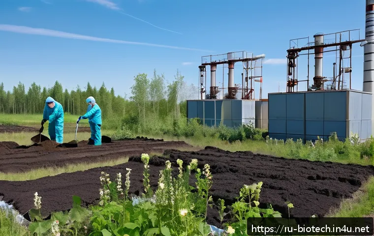 기후 변화와 바이오테크 - A detailed scene of an innovative Russian industrial site undergoing bioremediation: abandoned facto...