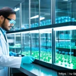 세포 배양 기술 발전 - A highly detailed laboratory scene showcasing advanced 3D cell culturing technology: multiple transp...