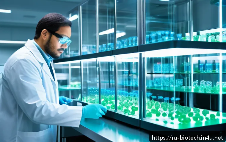 세포 배양 기술 발전 - A highly detailed laboratory scene showcasing advanced 3D cell culturing technology: multiple transp...
