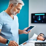 바이오 의약품 경쟁 - A sleek healthcare setting featuring a middle-aged patient using wearable biosensors and AI-driven p...