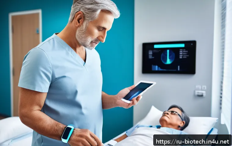 바이오 의약품 경쟁 - A sleek healthcare setting featuring a middle-aged patient using wearable biosensors and AI-driven p...