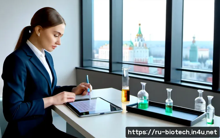 Home 15 바이오테크 투자 동향 - Photorealistic biotech investment trend scene in a modern Moscow financial district office, a Russia...