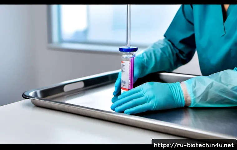 mRNA 백신 - Photorealistic close-up of a gloved medical professional preparing a clear vaccine vial and syringe ...