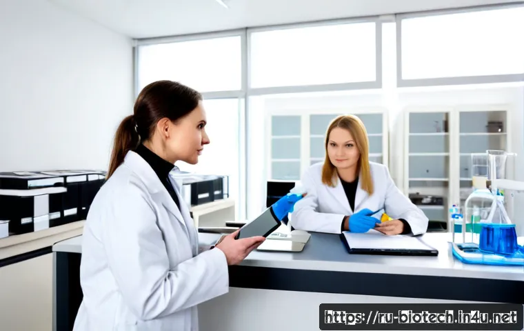 Home 17 합성생물학 규제 - Photorealistic biotechnology regulatory review in a modern Moscow laboratory office, a Russian scien...