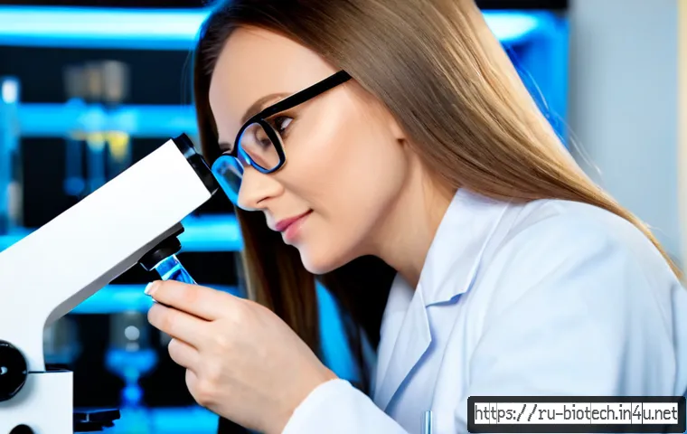 Home 17 유전자 교정 기술 - Photorealistic modern genetics laboratory in Moscow, a Russian female scientist in a white lab coat ...